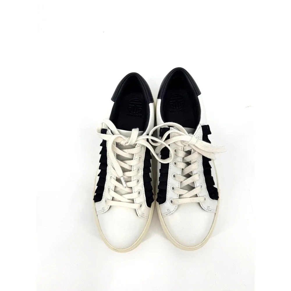 Tory Sport Ruffle Sneaker Womens 7M White Navy Leather Low Top Tennis Shoe